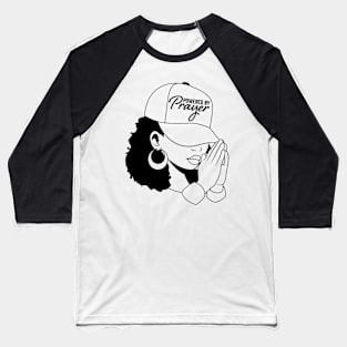 Powered by Prayer, Black Woman Baseball T-Shirt